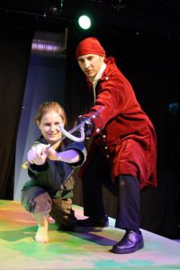 Loretta-Hope-Birmingham-actress-West-Midlands-stage-production-Peter-Pan-Captain-Hook-Stage-combat-sword-fight-performance-Stagefight-fight-good-vs-evil-pirate-adventure-story-family-theatre-community-Blue-Orange-Jewellery-Quarter